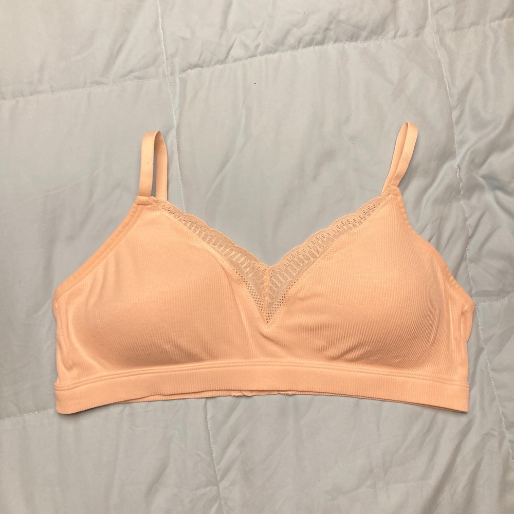 XL Tranquil & True baby pink Ribbed Wireless Bralette Lace Trim